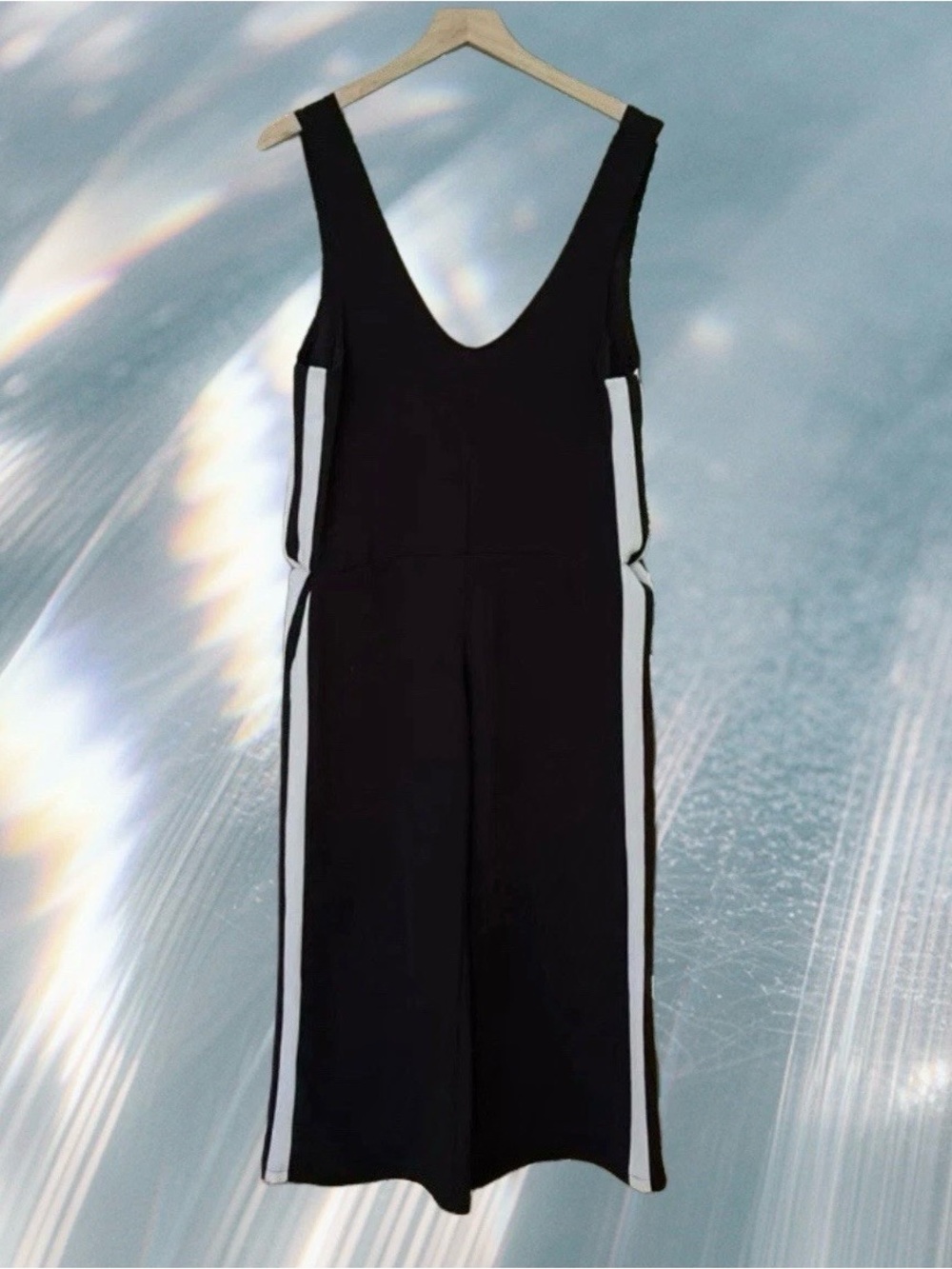 Boohoo Black Sleeveless Wide Leg With White Stripe Jumpsuit Size 14